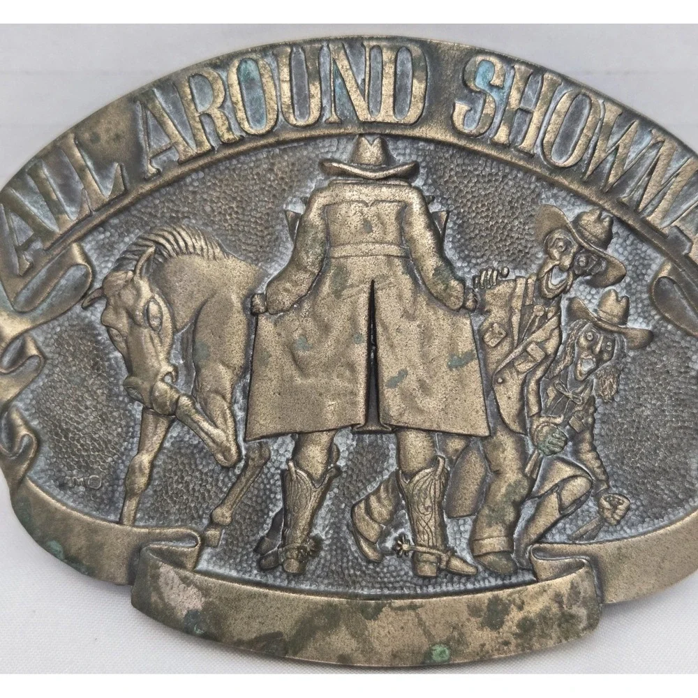 Vtg 1980s ADM All Around Showman Flasher Cowboy Novelty Belt Buckle -Solid Brass
